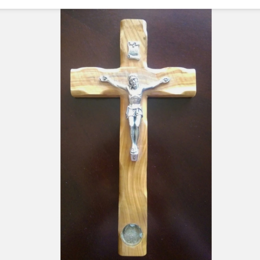 Handmade olive wood hanging cross 10"